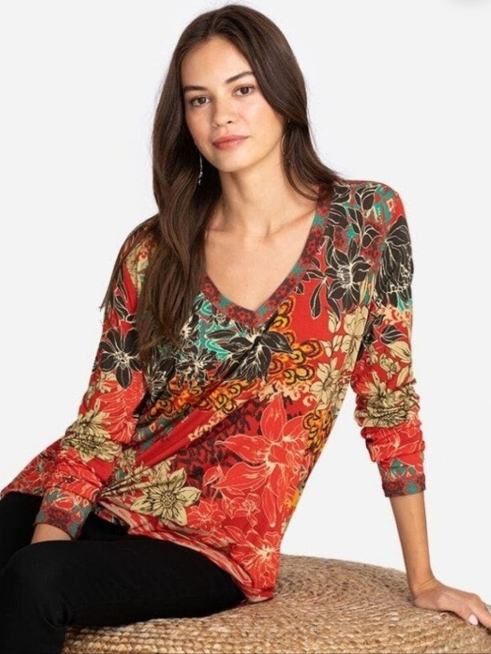 Johnny Was Ikat Patch Favorite V Neck Swing Tee Floral Size XXL Long Sleeve
